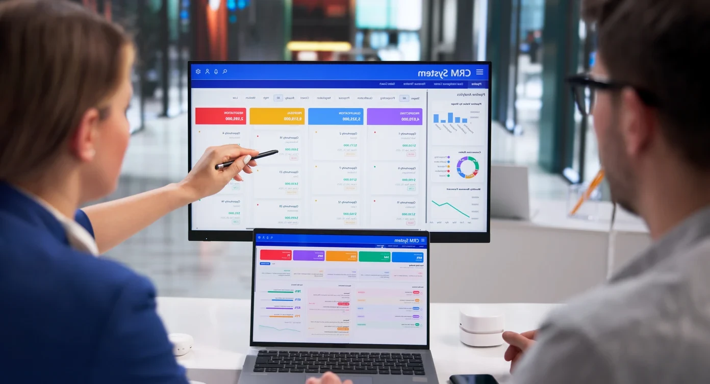 two people looking at a CRM