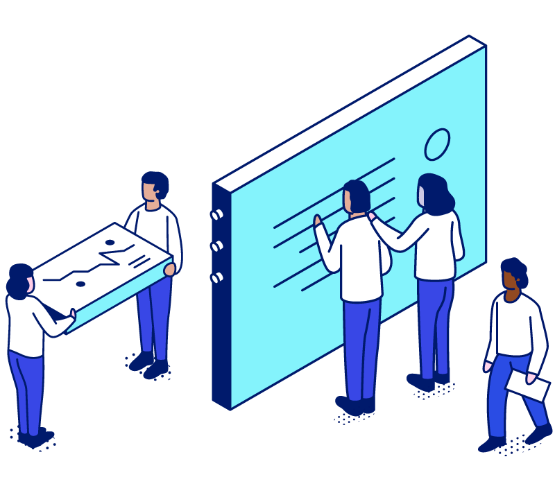 one-person-walking-with-a-paper-document-two-people-writing-on-a-wall-and-two-people-carrying-a-graph
