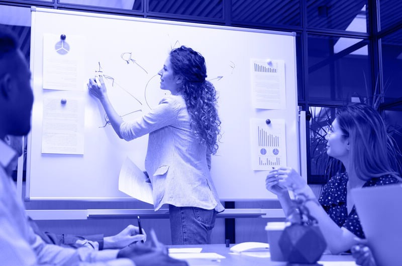 Blue Image of a Woman Drawing a Mind Map on a Whiteboard in a Meeting with People